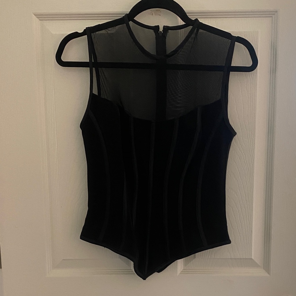 Sheer Yoke Black Sleeveless Bodysuit